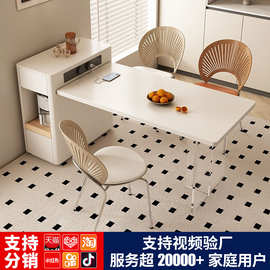 岛台餐桌一体可伸缩桌面带导轨插座方形饭桌奶油风实木岩板餐桌