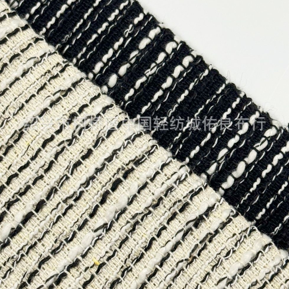 厂家新款混纺小香风条纹面料粗花呢 横条大衣外套面料现货批发