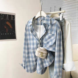 蓝色格子防晒衬衫外套女2025秋冬季薄款衬衣开衫休闲宽松上衣
