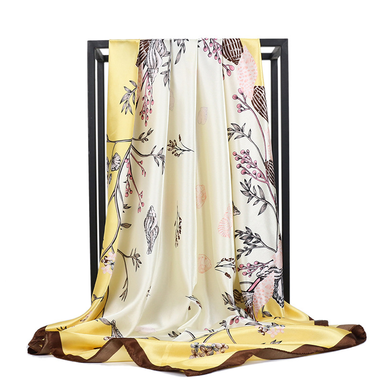 Satin Material Women's Casual Simple Style Tree Feather Flower Satin Printing Silk Scarf