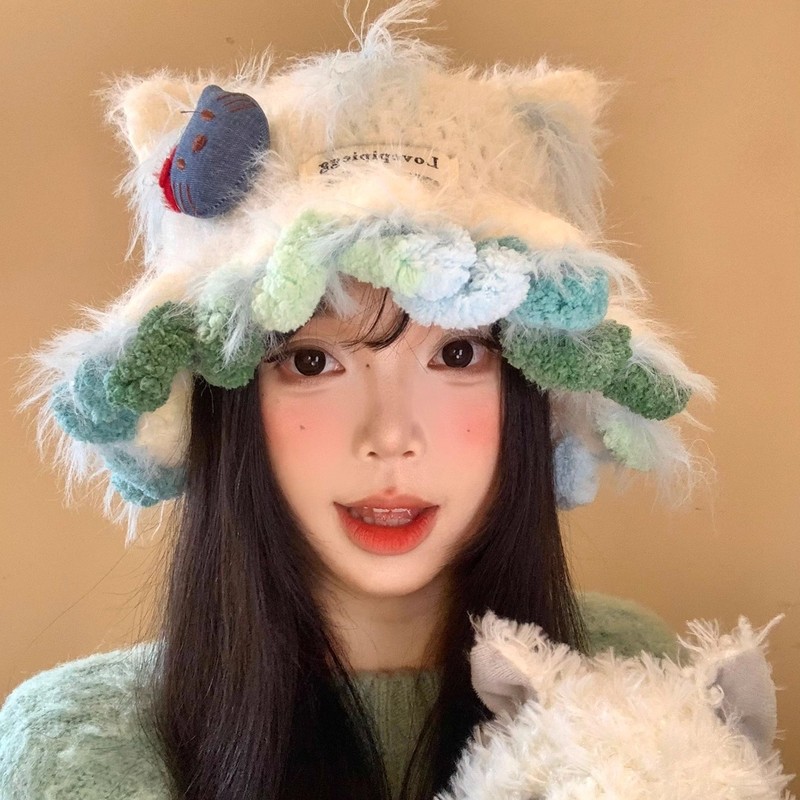 可爱卡通猫耳朵毛绒针织帽女秋秋冬季显脸小毛线帽大头围保暖帽子|undefined