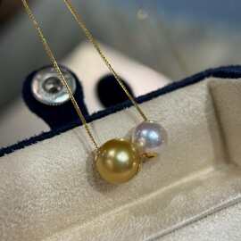 9-10mm南洋金珠项链金珠双珠18k金路路通贴片吊坠百搭锁骨链女