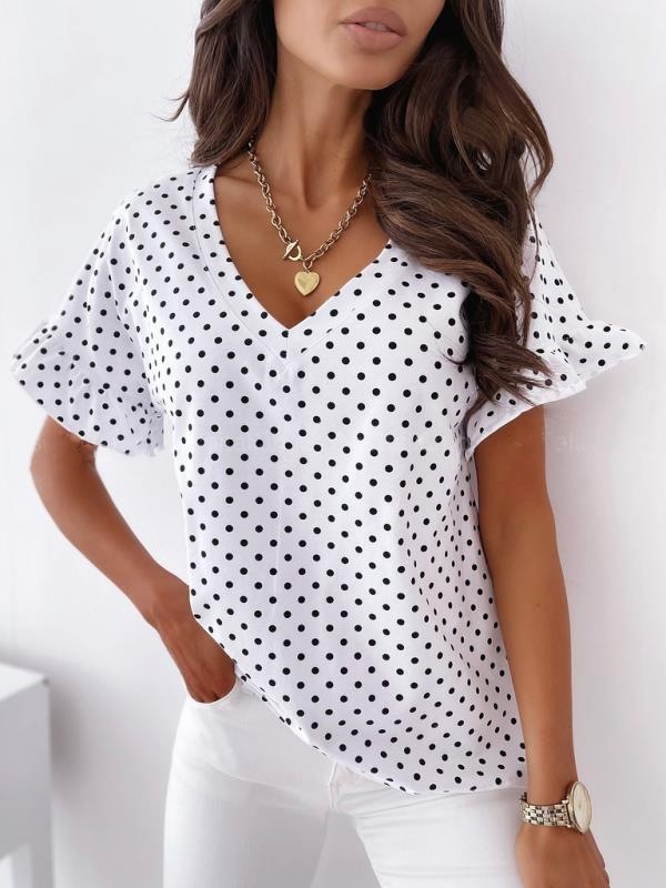 v-Neck Short-Sleeved Polka Dot Short-Sleeved Top NSYF53242