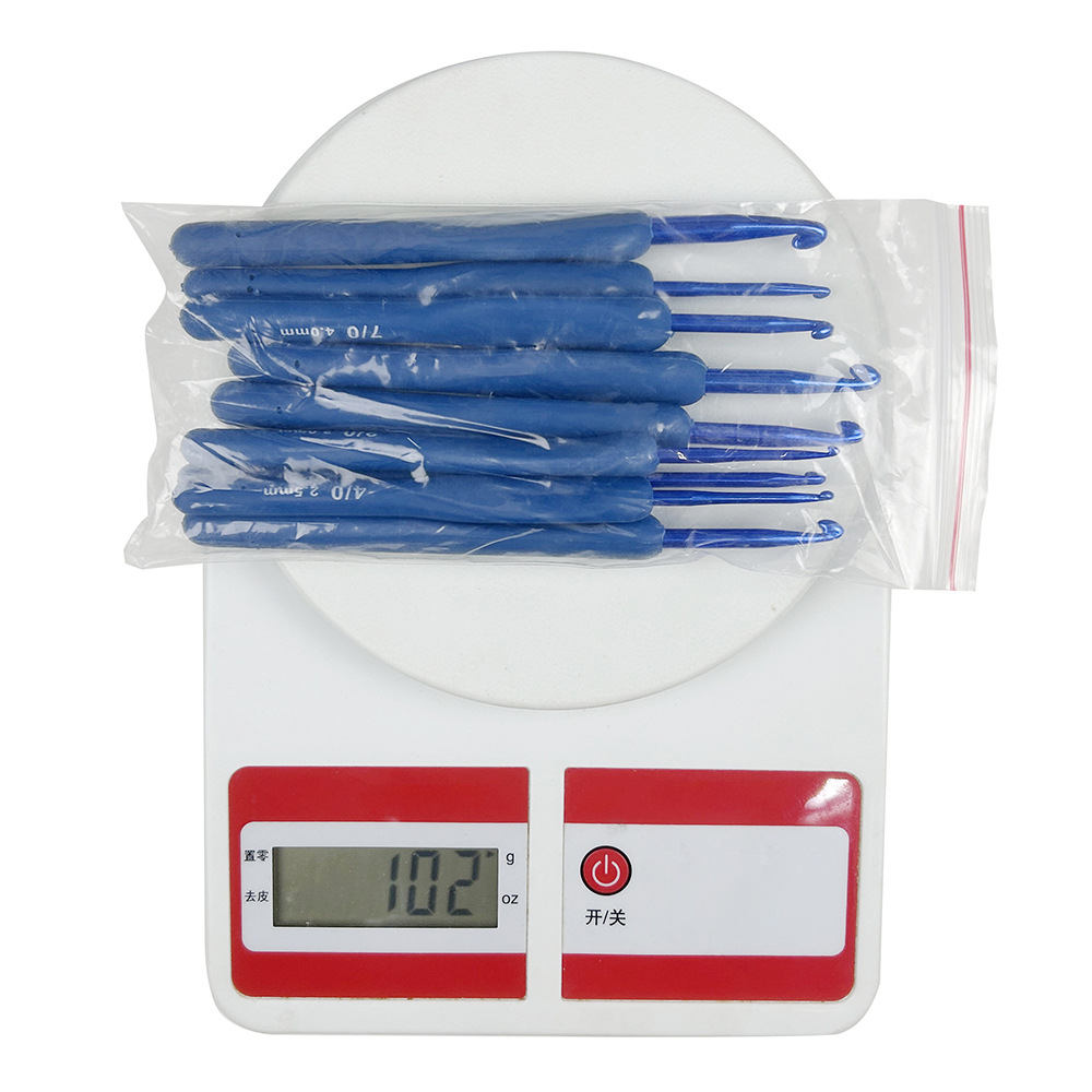 Traje transfronterizo crochet TPR silicona aluminio crochet mango azul plástico recubierto de aluminio crochet conjunto completo 9 piezas de embalaje de PVC