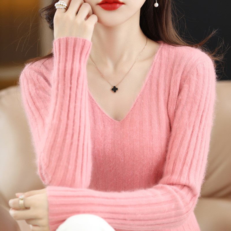 23新款水貂绒衫女毛衫针织衫小V领打底衫毛衣秋冬款上衣