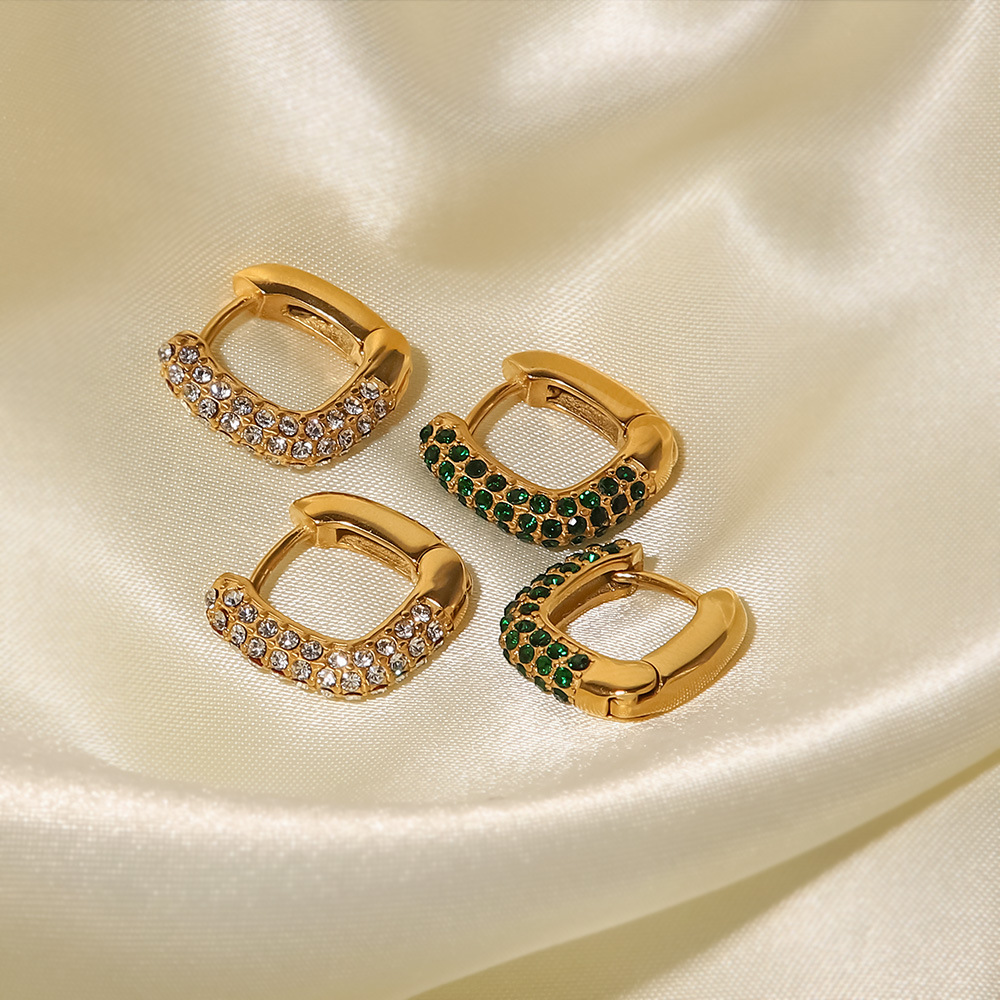 Retro Geometric Stainless Steel Rhinestones Hoop Earrings 1 Pair