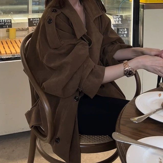 棕色设计感立领麂皮小个子外套女秋新款韩系复古宽松修身休闲大衣|undefined