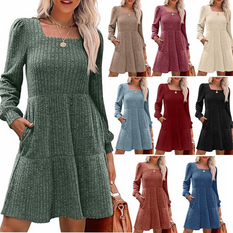2025 European and American Foreign Trade Cross-Border Women's Clothing Amazon Popular Square Neck Lantern Sleeve Babydoll Pocket Long-Sleeved Dress