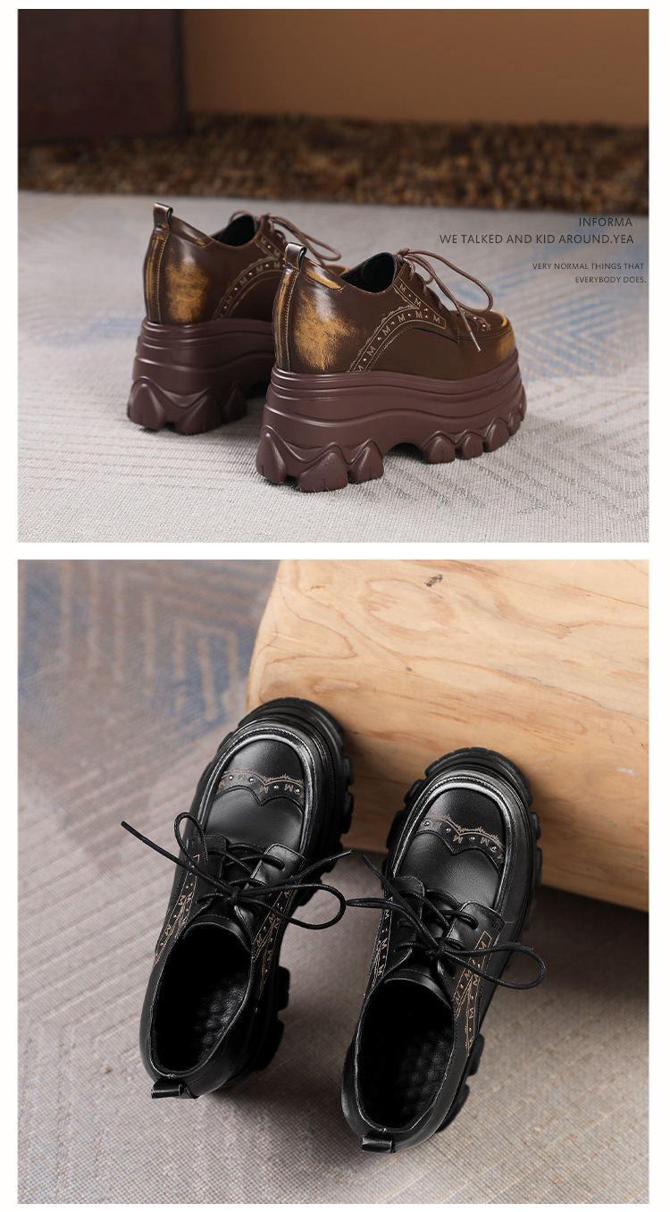 Giày sneaker nữ đế dày phong cách Anh quốc cổ điển, dây buộc, gót 12 cm — màu nâu chi tiết 16