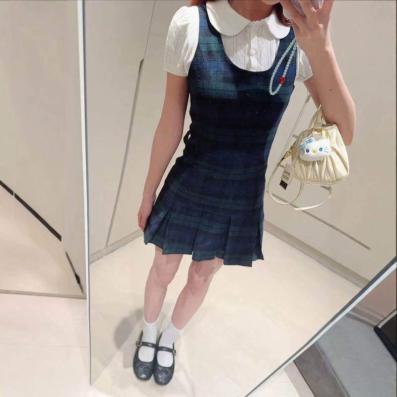 Lace-Up Plaid Dress/Cotton Jacquard Knit Crew Neck Short-Sleeve Cardigan Lace-Up Plaid Dress/Cotton Jacquard Knit Crew Neck Short-Sleeve Cardigan