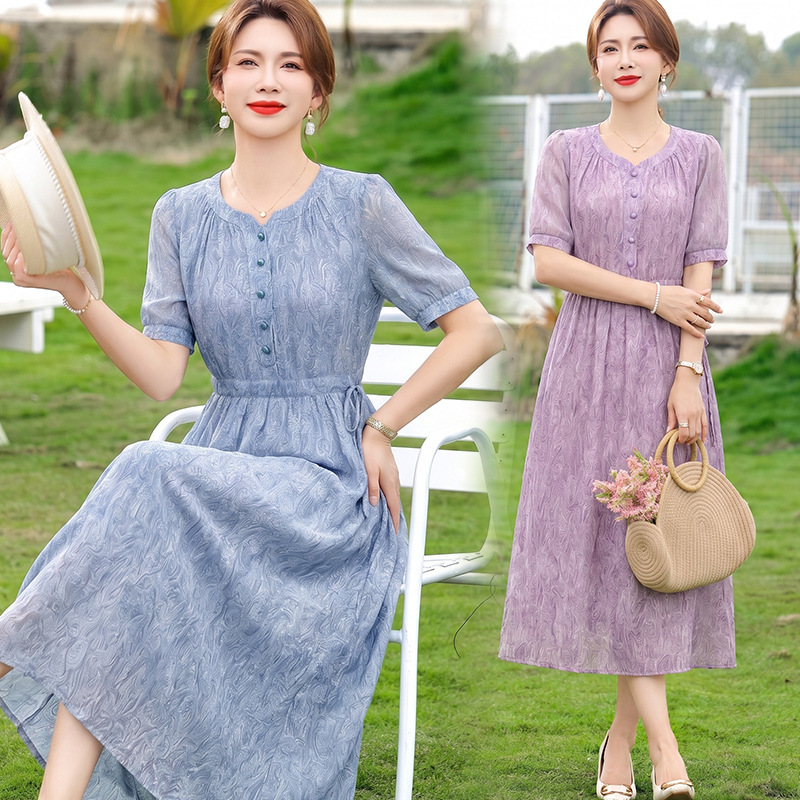 2026 Summer New Short-Sleeve Dress for Middle-Aged and Elderly Women, Mom's Mid-Length Dress, Waist-Cinching, Slimming, Fashionable Floral Dress 2026 Summer New Short-Sleeve Dress for Middle-Aged and Elderly Women, Mom's Mid-Length Dress, Waist-Cinching, Slimming, Fashionable Floral Dress