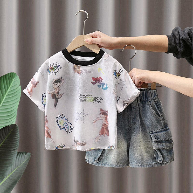 7271 Traje de niño Camiseta con estampado Nezha de manga corta de verano 2025 nuevo traje de dos piezas de verano para niños 5