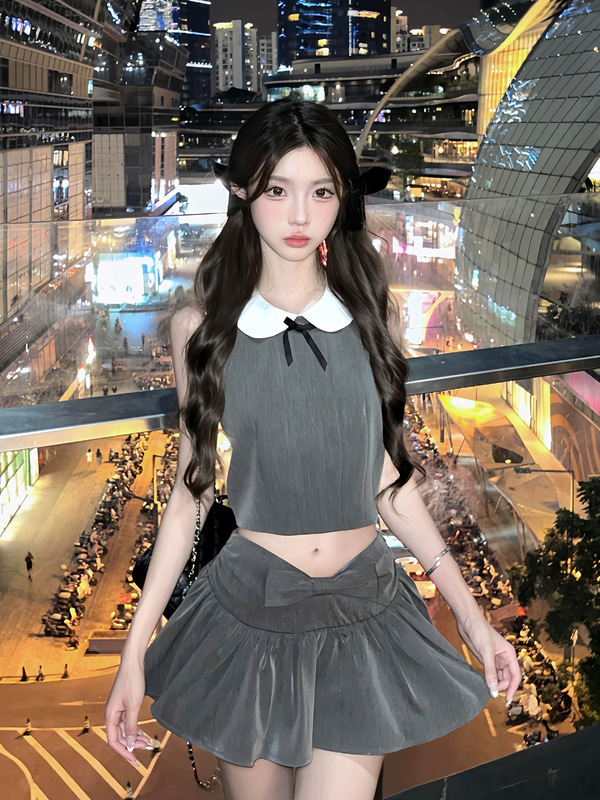 2025巨美微胖甜辣妹蝴蝶结娃娃领无袖上衣女夏季褶皱低腰短裙套装|undefined