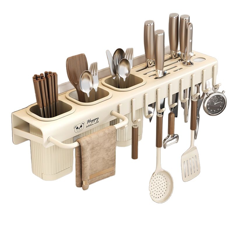 Estante de cocina doméstica multifuncional tipo de pared sin agujeros perforados palillos tubo de cuchillo de cocina percha de dravaje almacenamiento paño percha image 6