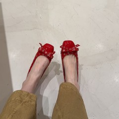 2025欧美春季新款时尚舒适真皮平底圆头浅口铆钉蝴蝶结芭蕾舞女鞋