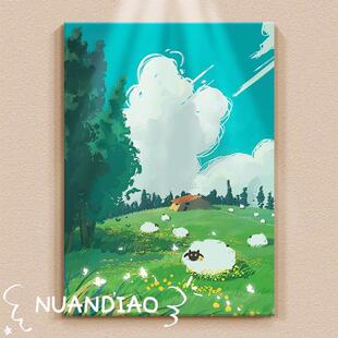 Little Sheep Paradise Hand-Painted Oil Painting Fresh Landscape Living Room Decorative Painting Abstract Texture Pastoral Entrance Restaurant Hanging Painting