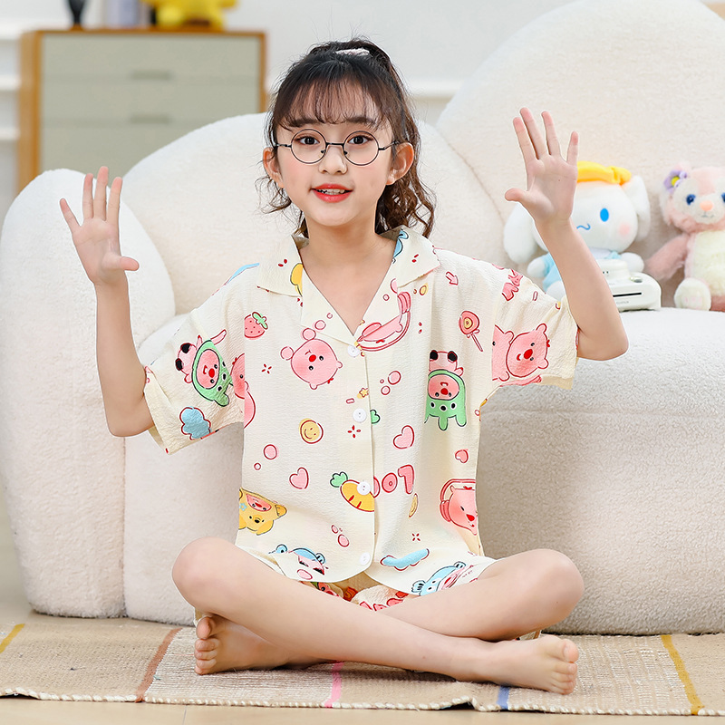 Pijamas infantiles niñas de manga corta verano espuma tejida tela arrugada dibujos animados niñas niños mayores cubierta de ropa de bebé