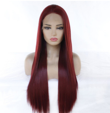 Popular damas rojo oscuro cabello recto largo pelucas de fibra química delantera encaje mitad mano tejida gorra de cabeza comercio exterior LW0093