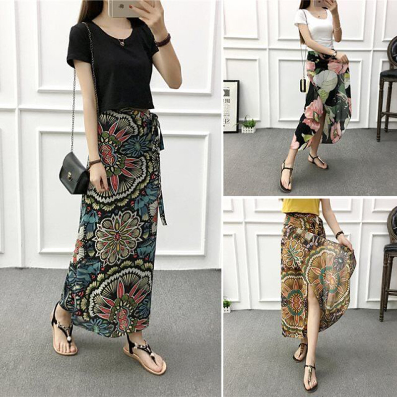 Skirt Summer Breathable Floral One-piece Lace-up Skirt Wrap Skirt Vacation Mid-length Loose Beach Skirt Trendy