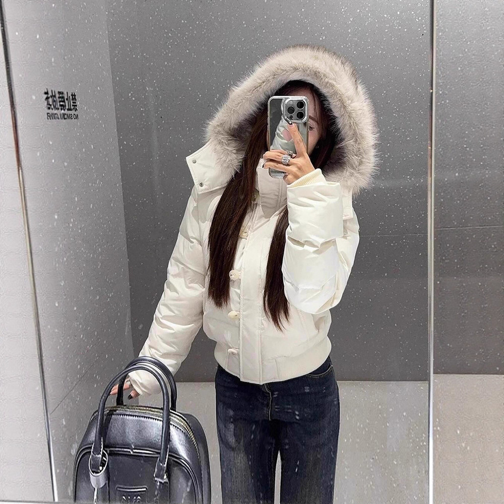 Korean Style Fashionable down Jacket with Large Fur Collar, Hooded, Thickened, Slimming, Versatile, Loose-Fitting Winter Puffer Coat for Women, White Cotton Jacket