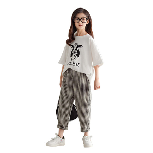 Girls 2024 Summer Sports Alphabet Korean Style Casual Suit, Dropshipping for Middle and Large Children Western Style Checkered Pants Two-piece Set