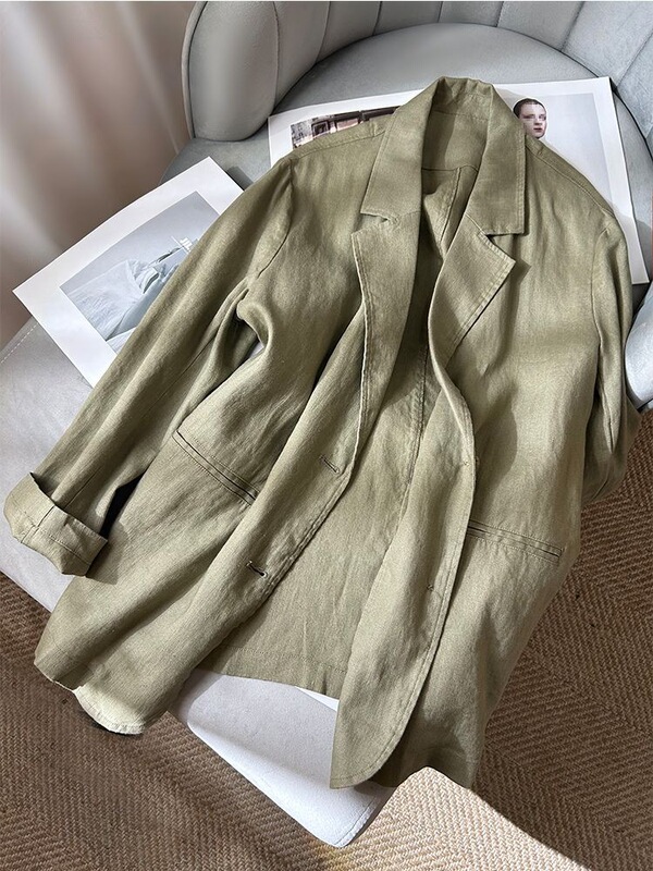 New French Pure Linen Cotton-Blend Long-Sleeve Blazer Casual Elegant Loose Artistic Suit Jacket Style