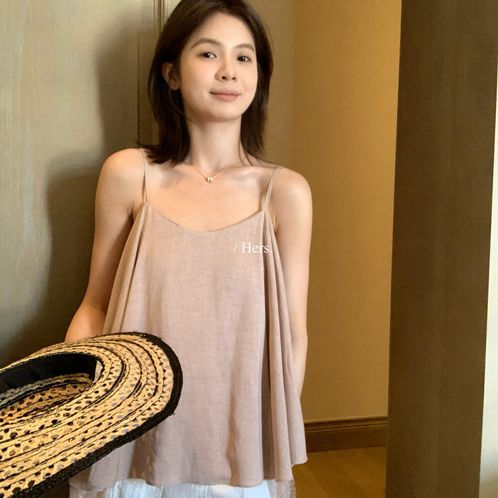 Áo hai dây nữ thiết kế hai mặt mặc được, phối ren, dáng rộng — màu hồng, màu xám, màu vàng, yến mạch