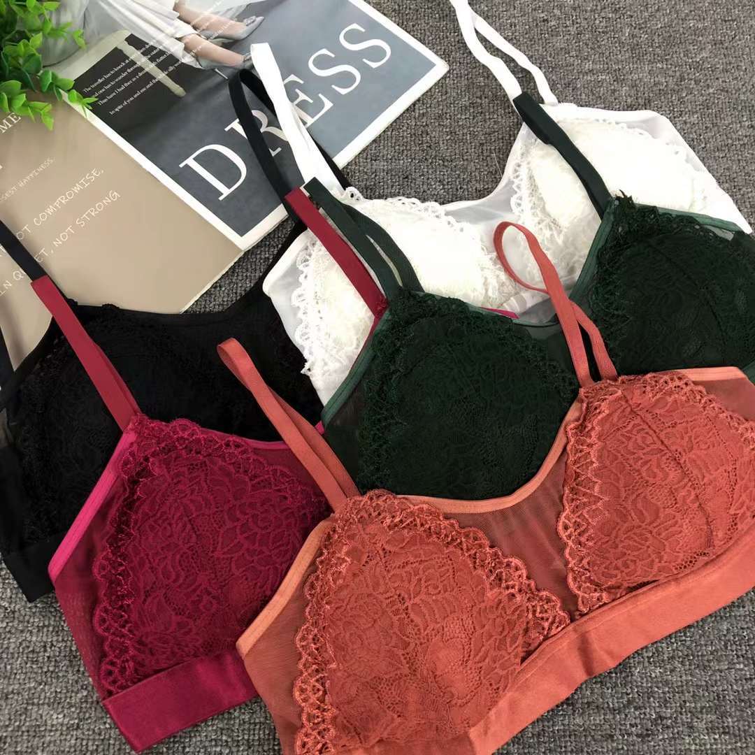 Nuevo sujetador inalámbrico moda encaje jacquard transpirable cómodo clásico tres breasted ropa interior para las mujeres al por mayor image 3