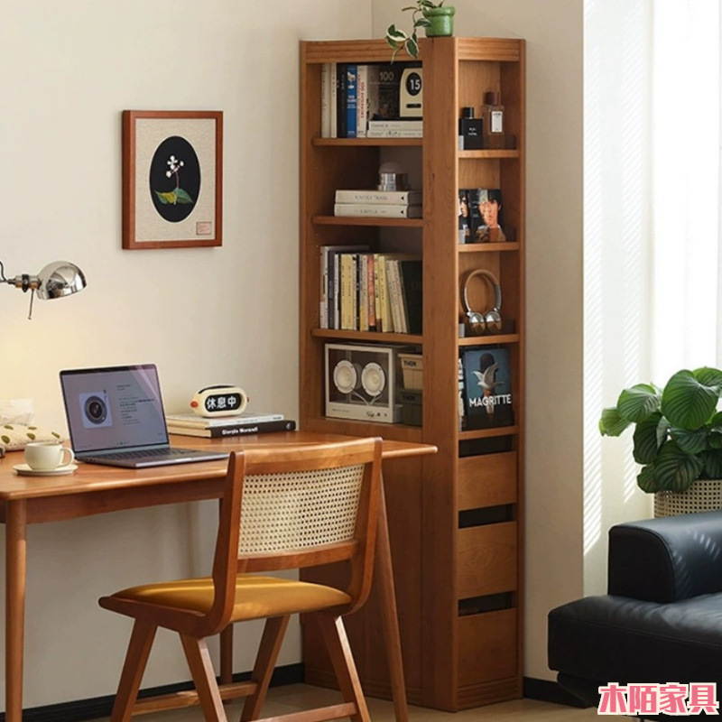 Solid Wood Corner Bookcase, North American Cherry Wood, Nordic Style, All Solid Wood, Extremely Narrow Bookcase, Small Apartment Storage Rack, Storage Cabinet