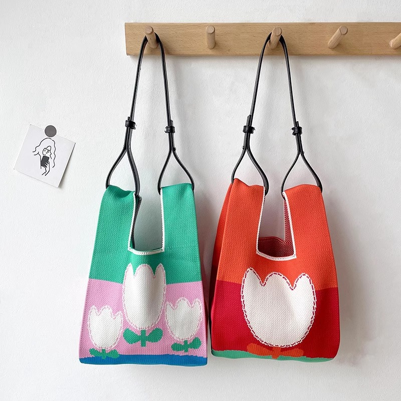 Nueva serie de flores frescas pequeñas bolsas de punto para mujeres, bolsas de transporte de gran capacidad, regalos para maestros