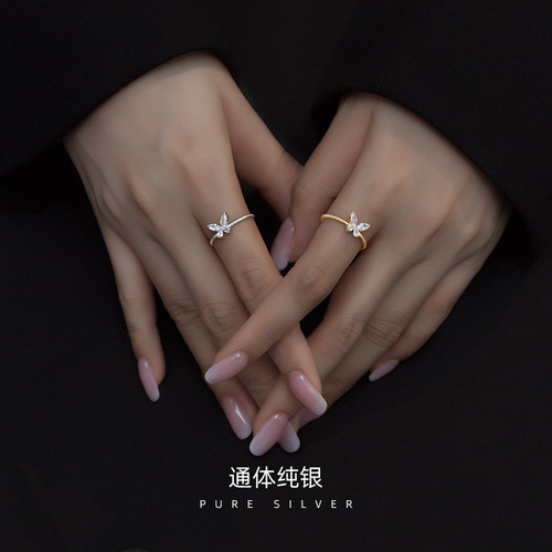 S925 sterling silver plated 14K gold zircon butterfly ring women's niche simple and slender temperament Japanese simple ring ins