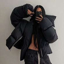 欧美时尚女装2023冬季ins厚按扣围脖外套保暖棉服面包服