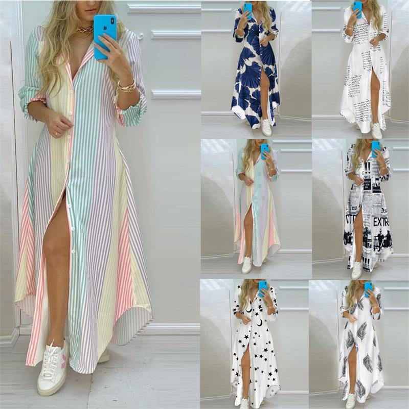 2023 spring Amazon cross-border wish dress women's temperament printed single-breasted split shirt dress