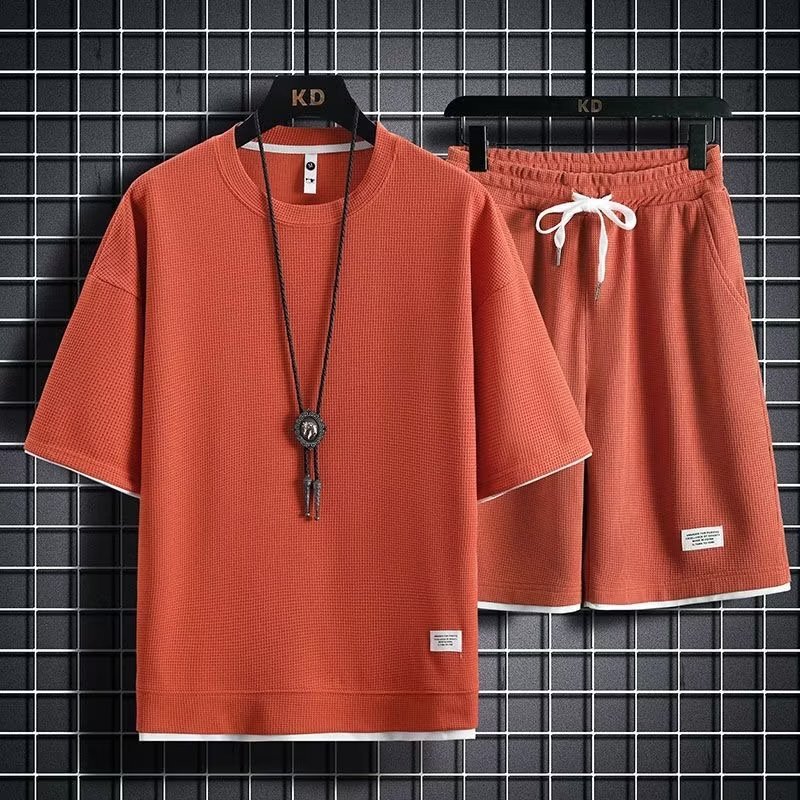 Source manufacturers waffle sports leisure suit men's in stock short sleeve shorts wholesale port wind loose fake two