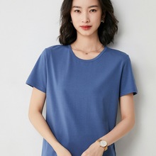 2022夏跨境女式針織短袖 韓版圓領莫代爾純色t恤寬松上衣一件代發