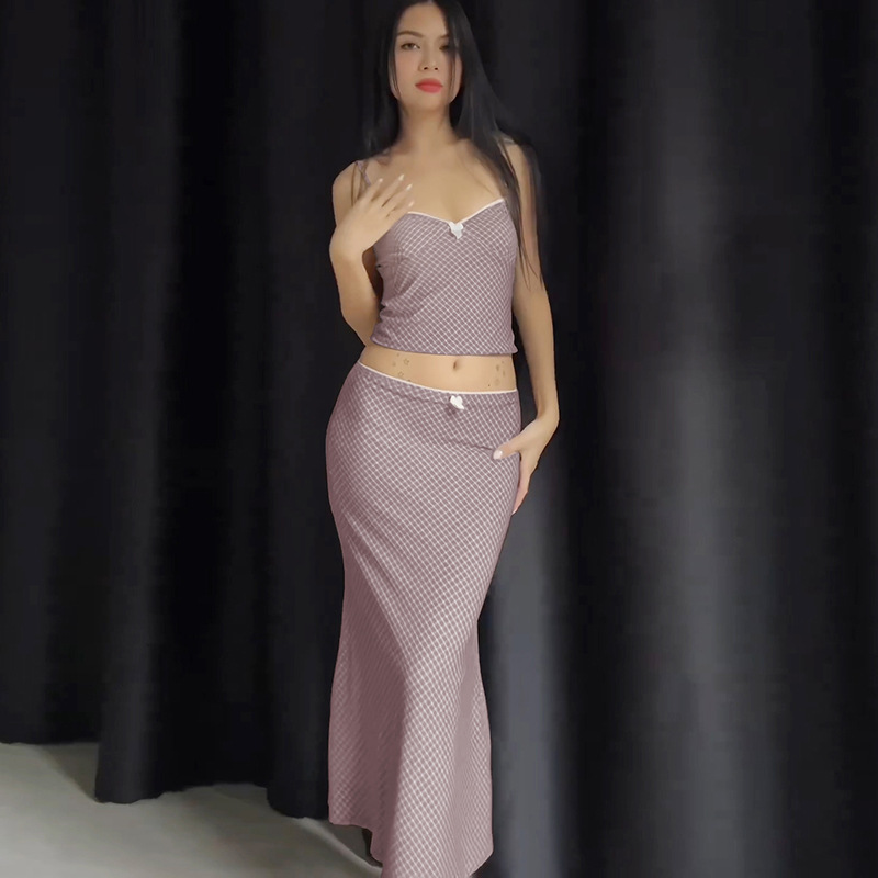 Women Clothing Summer Sweet Printed Suit Sexy Cropped Small Strap Slim Fit Dress Two Piece Set Women