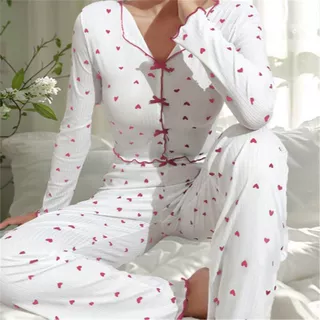 跨境欧美热销家居服爱心印花长袖翻领睡衣女可外穿长裤两件套