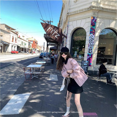 aaaaxbbb 玫瑰茶渍 巴恩风两色拼接领外套女宽松廓形口袋显瘦上衣