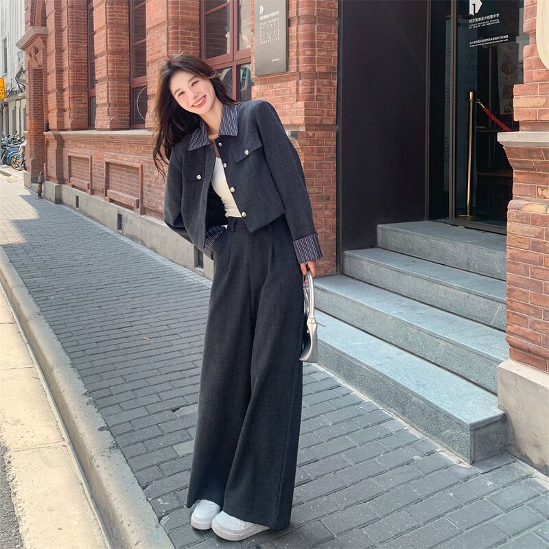 Korean-Style Gray Suit Set for Women, Popular Spring Salt Style, Trendy and Chic Ootd Two-Piece Suit Outfit