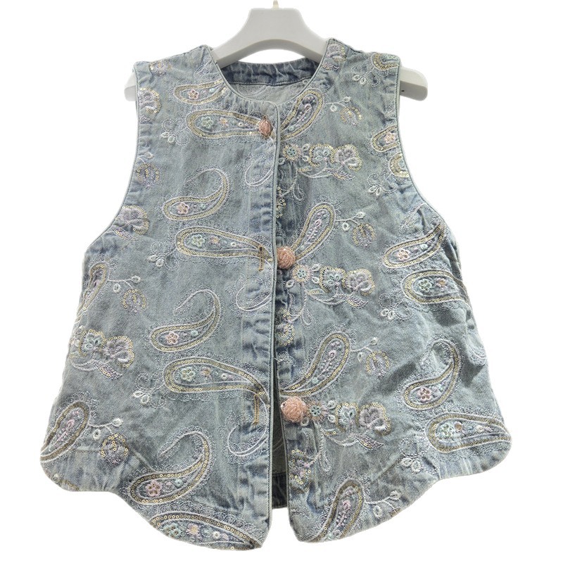 2026 primavera azul industria pesada bordada flor de anajuez chaleco denim de moda alta sensación de cuello redondo chaleco de hombro