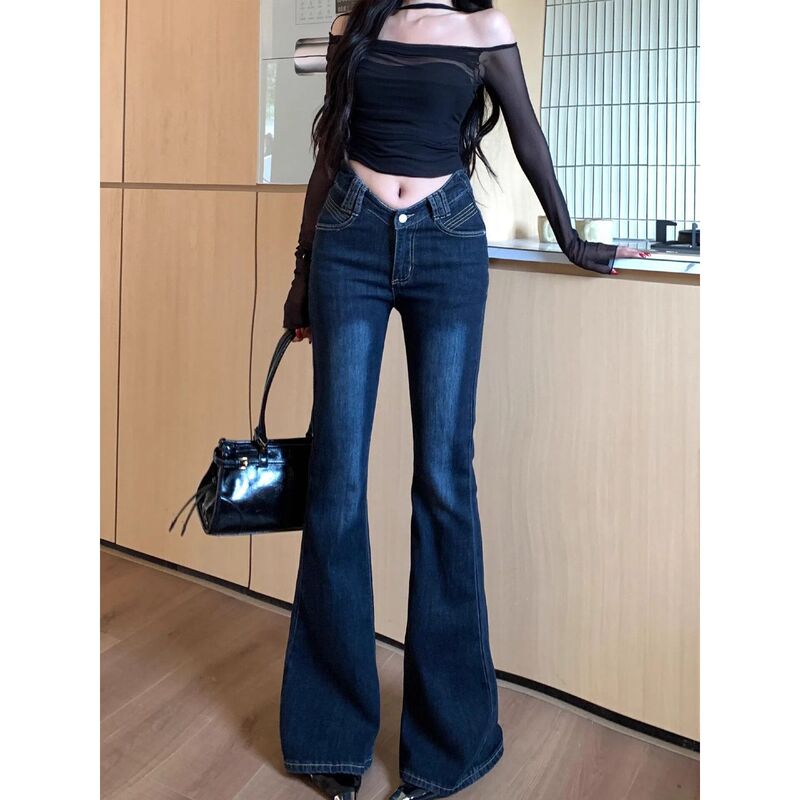 American Retro V-Waist Low-Rise Flared Jeans for Women, Autumn 2025 New Style, Slim Fit, Non-Tight Flared Long Pants