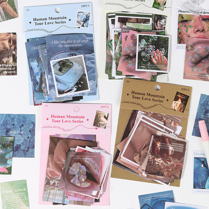 Xinqixin 50 Pieces of Human Mountains and Love Series Sticker Pack Korean Ins Collage Decorative Handbook Pain Package Material