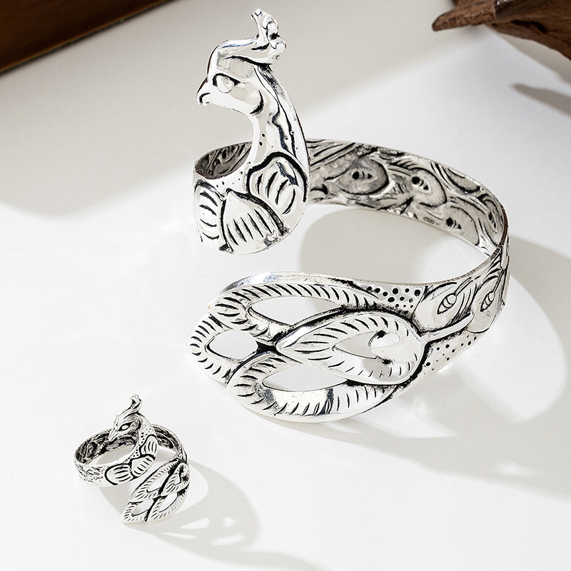 Geometrischer Pfau Armreif Mit Offenem Ring Aus Metall_voghion.com