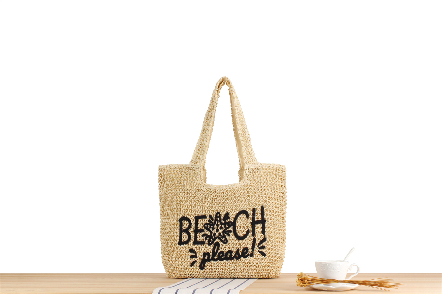 Zipper Closure Type Women's Beach Classic Style Solid Color Paper String Shopping Bags