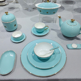 Hotel Club Bone China Tableware Gold-Rimmed Glazed Color Tray Wing Bowl Bone Plate Chopsticks Cup Spoon Table Setting Set