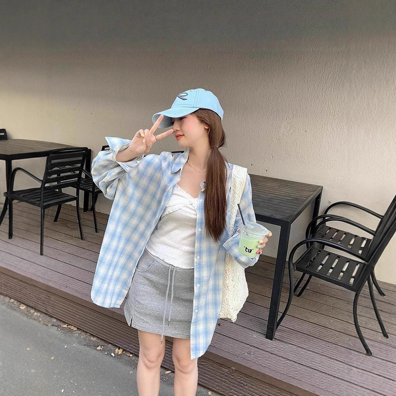 美式复古蓝色格子衬衫外套女2025秋季新款别致宽松休闲防晒衬衣潮|undefined