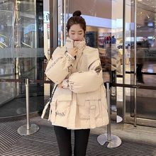 羽绒棉服冬季新款宽松短款加厚时尚洋气外套印花小个子连帽女棉衣