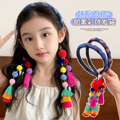 儿童复古发箍2025新款刺绣发带女童民族风头箍宝宝毛球流苏头饰