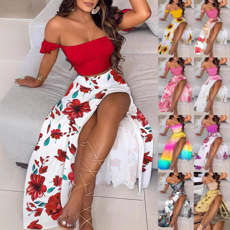 2026 European and American Summer Bohemian Print Mid-Length Sexy Off-Shoulder One-Line Neck Top with Slit Long Skirt Set