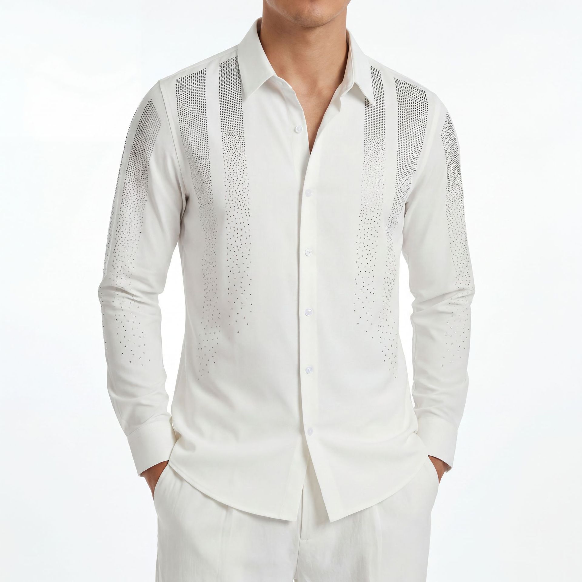 Men's Luxury High-End Shirt with Rhinestone Design, Nylon & Spandex, Wrinkle-Resistant, Long-Sleeve, Cross-Border Factory Direct Sales